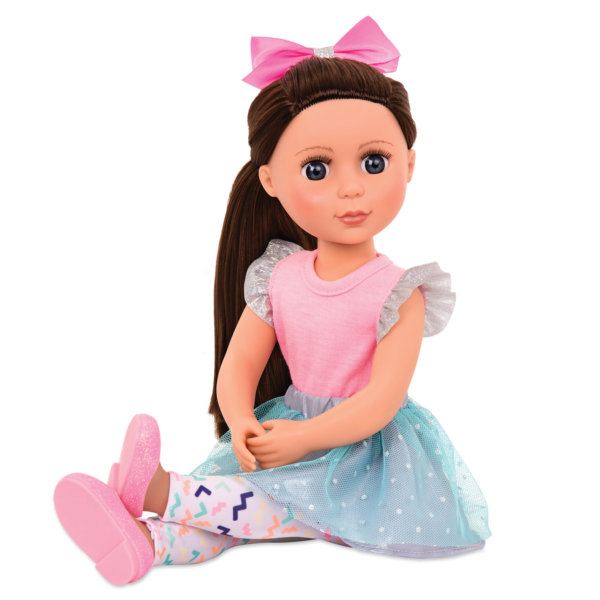 14-inch posable doll with brown hair and blue eyes in sitting position