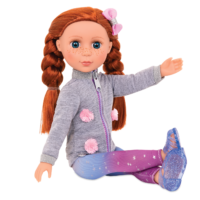 14-inch posable doll with red hair and blue eyes in sitting position