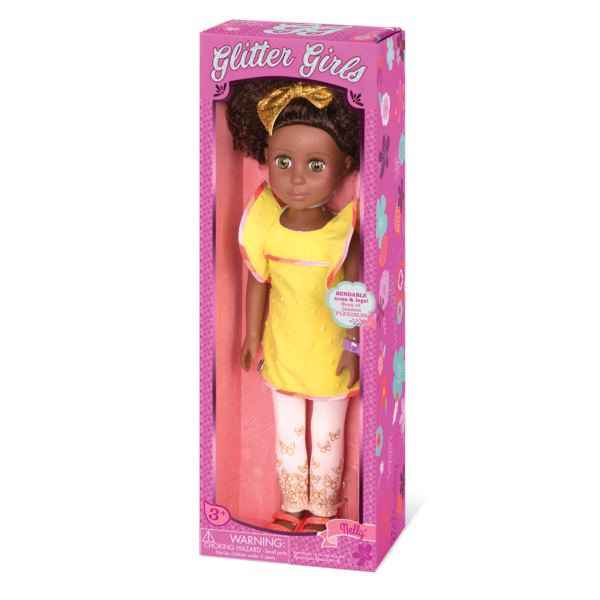 14-inch posable doll with brown hair and hazel eyes