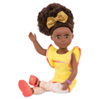 14-inch posable doll with brown hair and hazel eyes in sitting position