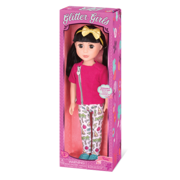 14-inch posable doll with black hair and brown eyes