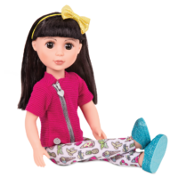14-inch posable doll with black hair and brown eyes in sitting position