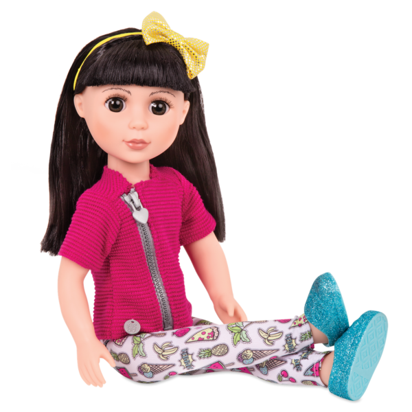 14-inch posable doll with black hair and brown eyes in sitting position