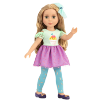 14-inch posable doll with blonde hair and green eyes