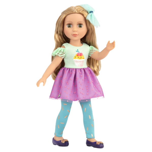 14-inch posable doll with blonde hair and green eyes