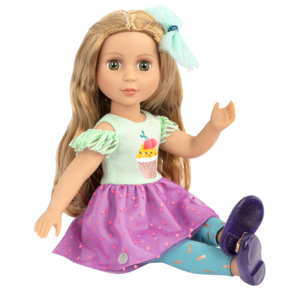 14-inch posable doll with blonde hair and green eyes in sitting position