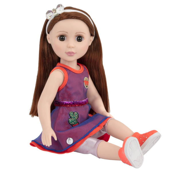 14-inch posable doll with dark red hair and brown eyes in sitting position