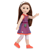 14-inch posable doll with dark red hair and brown eyes
