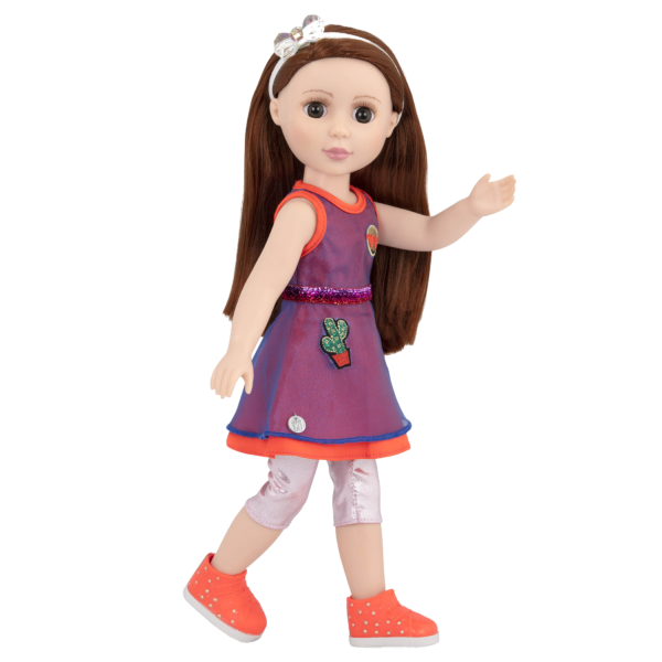14-inch posable doll with dark red hair and brown eyes