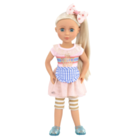14-inch posable doll with blonde hair and blue eyes
