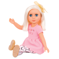 14-inch posable doll with platinum blonde hair and blue eyes in sitting position