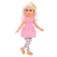 14-inch posable doll with platinum blonde hair and blue eyes