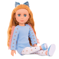 14-inch posable doll with copper hair and blue eyes in sitting position