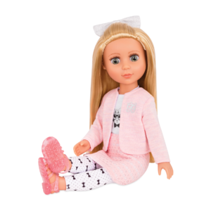 14-inch posable doll blonde hair and green eyes in sitting position