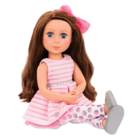14-inch posable doll with brown hair and blue eyes in sitting position
