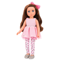 14-inch posable doll with brown hair and blue eyes