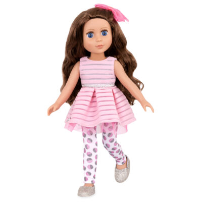 14-inch posable doll with brown hair and blue eyes