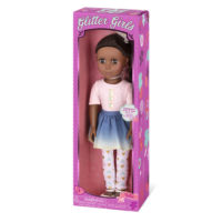 14-inch posable doll with dark brown hair and brown eyes