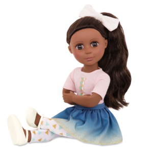 14-inch posable doll with dark brown hair and brown eyes in sitting position