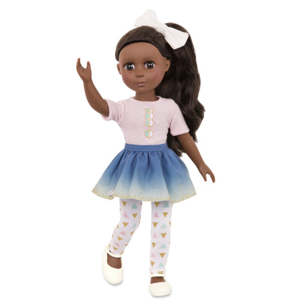 14-inch posable doll with dark brown hair and brown eyes