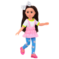 14-inch posable doll with brown hair and brown eyes