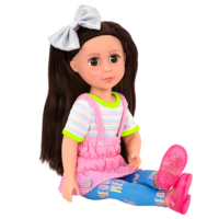 14-inch posable doll with brown hair and brown eyes in sitting position