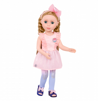 14-inch posable doll with blonde hair and blue eyes