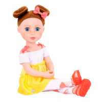 14-inch posable doll with red hair and blue eyes in sitting position