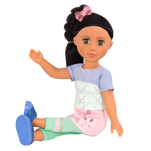 14-inch posable doll with black hair and hazel eyes in sitting position