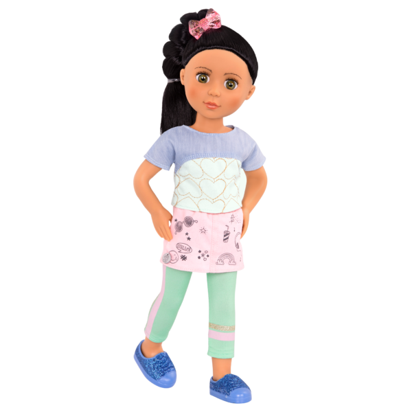 14-inch posable doll with black hair and hazel eyes