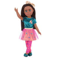 14-inch posable doll with brown hair and turquoise eyes