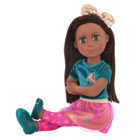 14-inch posable doll with brown hair and turquoise eyes in sitting position