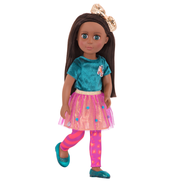 14-inch posable doll with brown hair and turquoise eyes