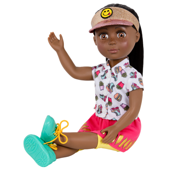 14-inch posable doll with brown hair and brown eyes in sitting position