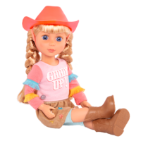 14-inch posable doll with blonde hair and blue eyes in sitting position