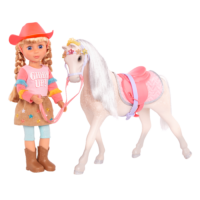 14-inch posable doll with blonde hair and blue eyes standing next to toy horse