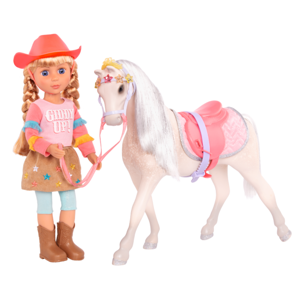 14-inch doll with beige and silver horse