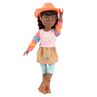 14-inch posable doll with brown hair and green eyes