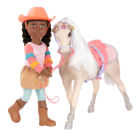 14-inch posable doll with brown hair and green eyes standing next to toy horse