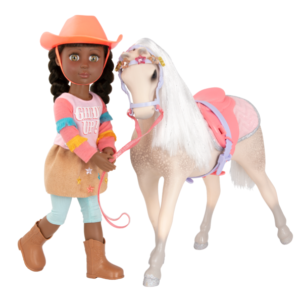 14-inch posable doll with brown hair and green eyes standing next to toy horse