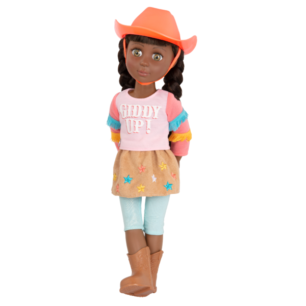 14-inch posable doll with brown hair and green eyes