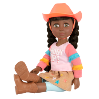 14-inch posable doll with brown hair and green eyes in sitting position