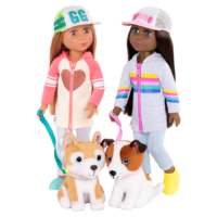 Two 14-inch posable dolls walking dog plushies