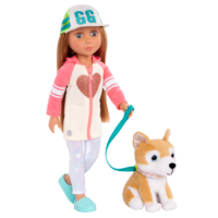 14-inch posable doll with light brown hair and green eyes walking Shiba Inu dog plushie