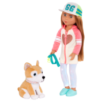 14-inch posable doll with light brown hair and green eyes walking Shiba Inu dog plushie