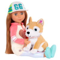 14-inch posable doll with light brown hair and green eyes sitting with Shiba Inu dog plushie