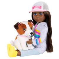 14-inch posable doll sitting with Shiba Inu dog plushie