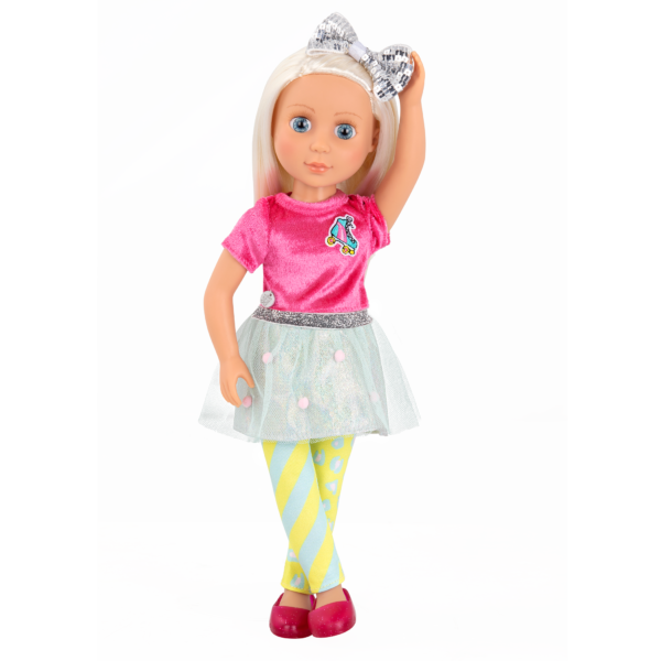 14-inch posable doll with platinum blonde hair and blue eyes