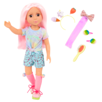 14-inch posable doll with pink hair and brown eyes with accessories