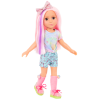 14-inch posable doll with pink hair and brown eyes with extension